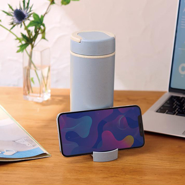 スマホスタンド付きバンブーボトル400ml(ブルー)